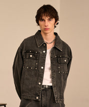 Studded Washed Denim Jacket （Gray)