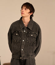 Studded Washed Denim Jacket （Gray)