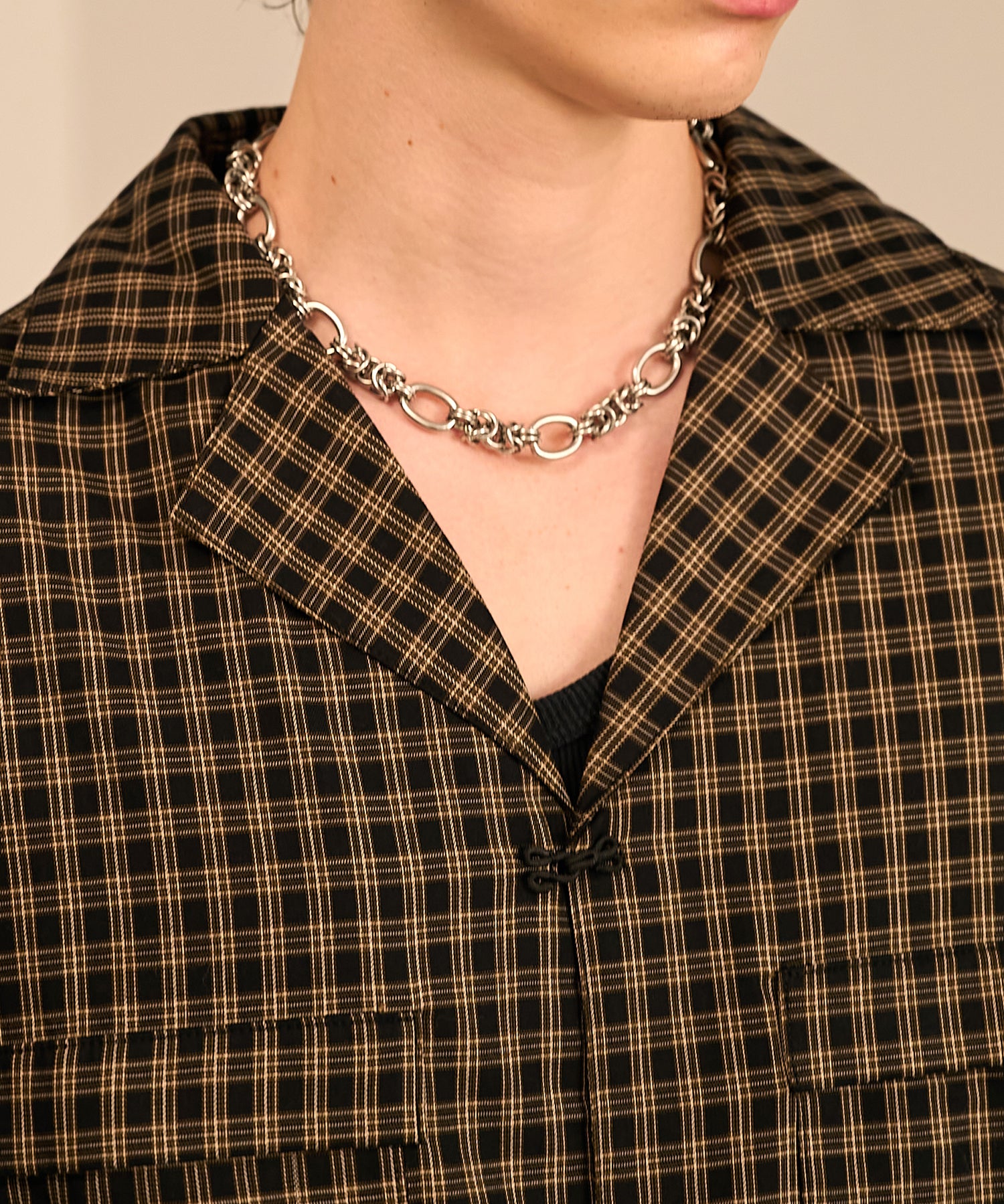 Grid Check Open Collar Shirt（Black）