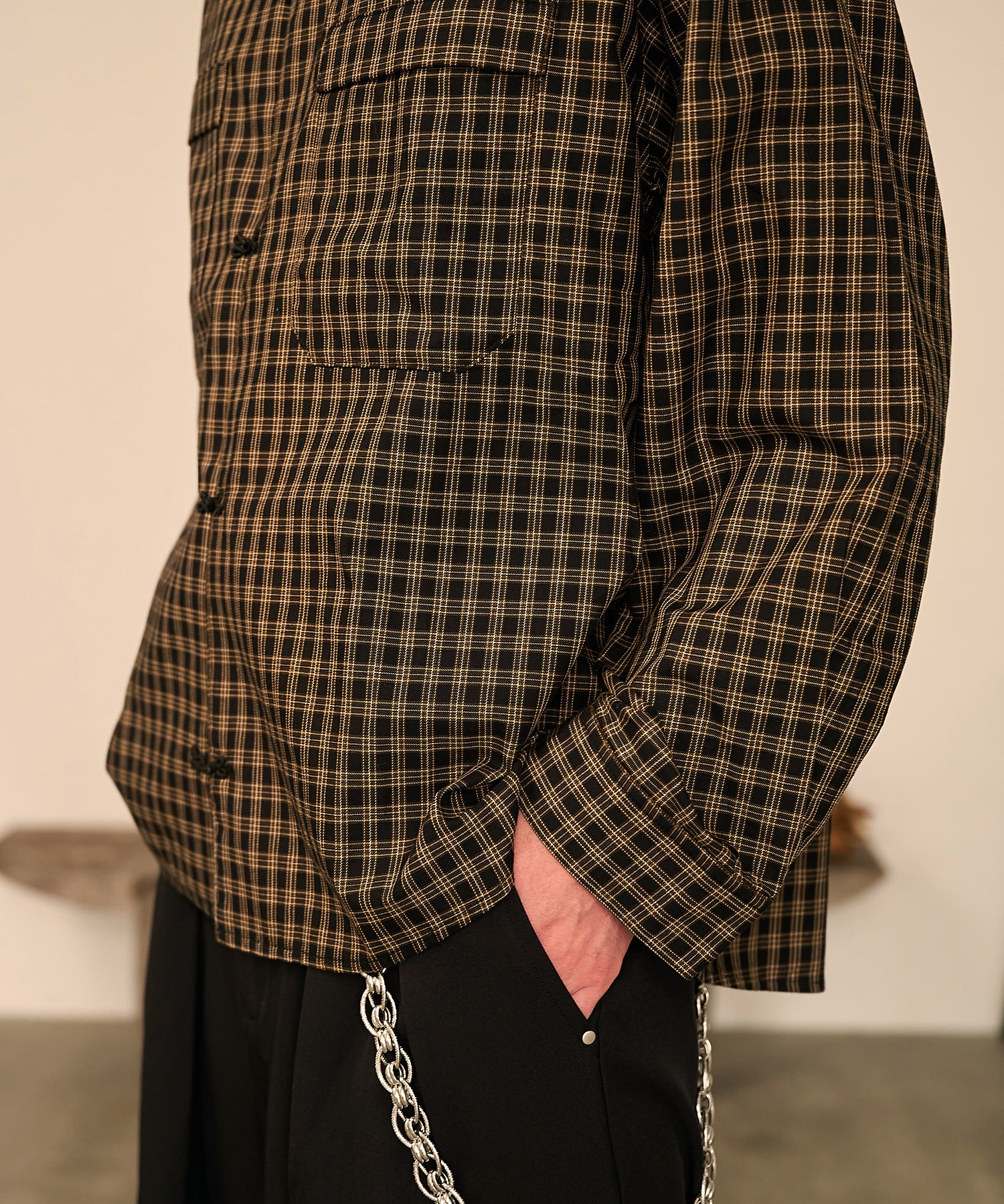 Grid Check Open Collar Shirt（Black）