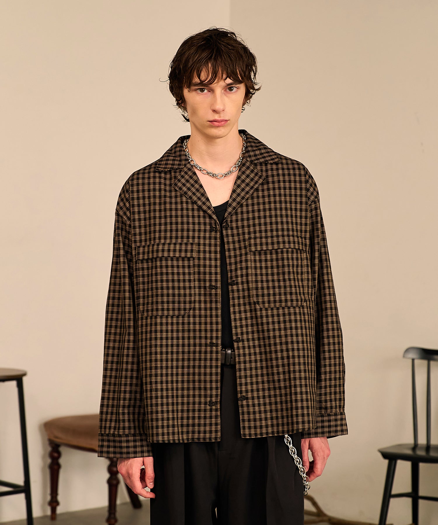 Grid Check Open Collar Shirt（Black）