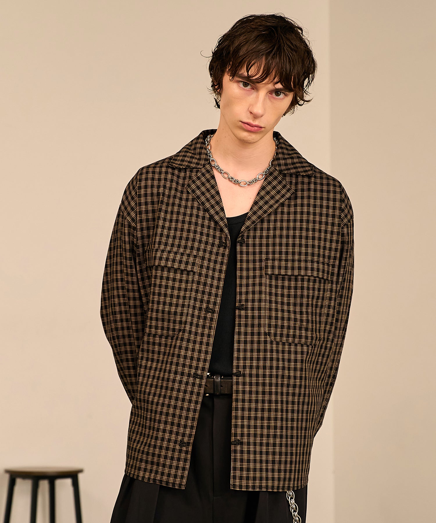 Grid Check Open Collar Shirt（Black）