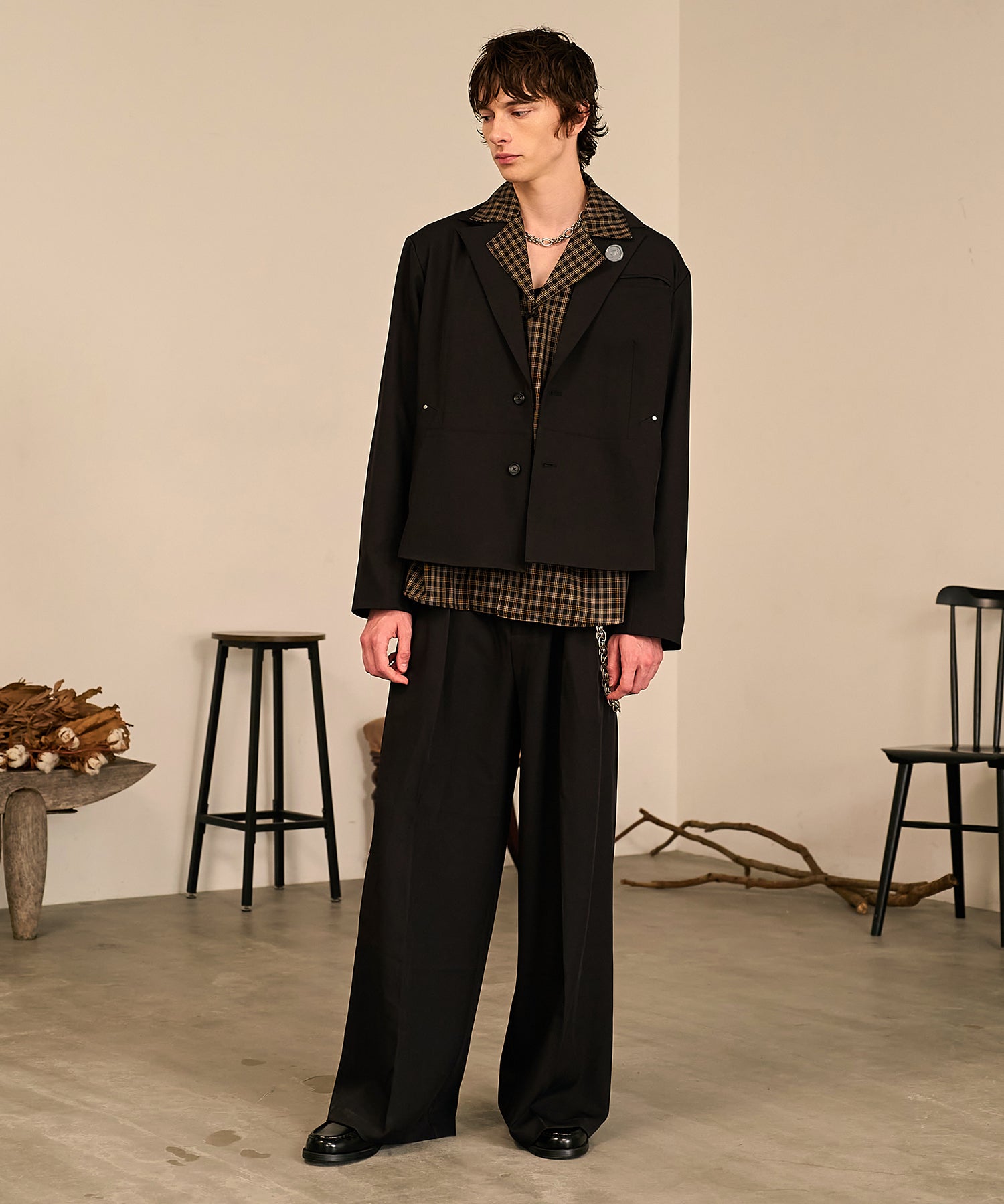 Grid Check Open Collar Shirt（Black）